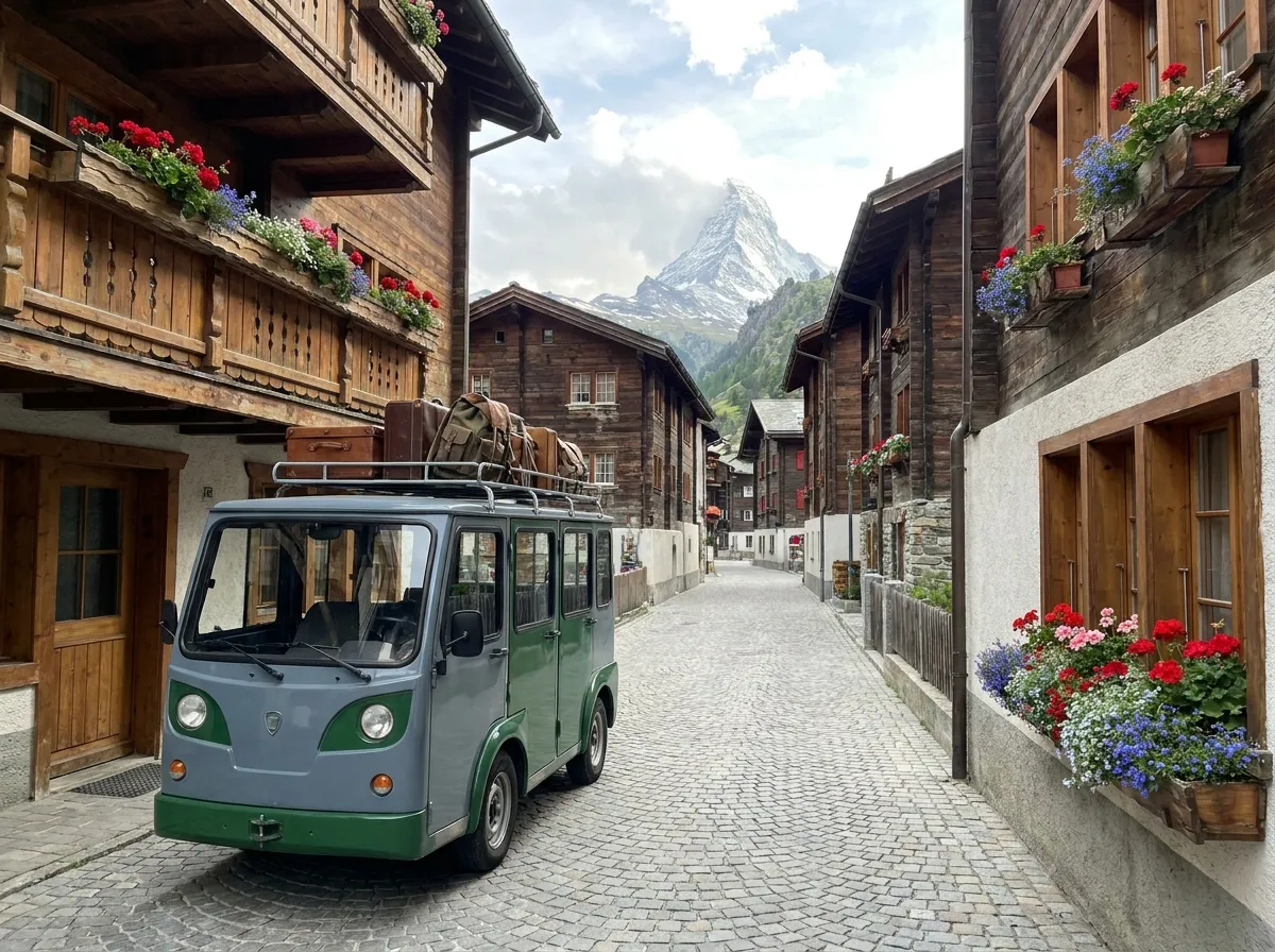 Electric taxi loaded with luggage on a cobbled street of wooden chalets, with the Matterhorn in the distance
