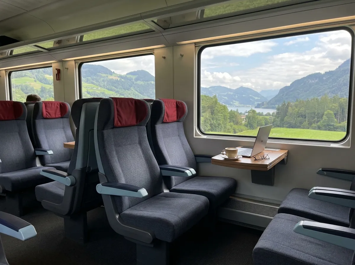 First-class intercity carriage with 2+1 seats, a laptop on the table and green countryside outside