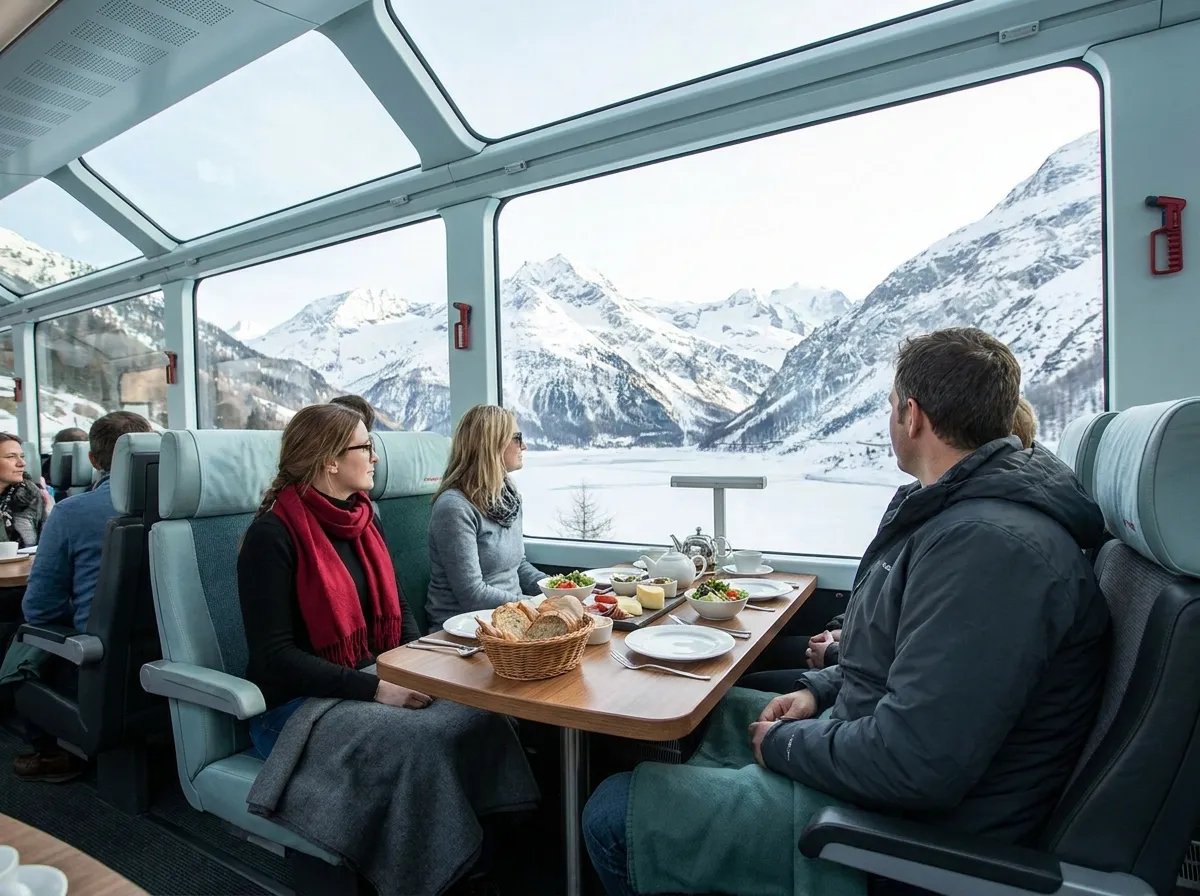 Travelers having lunch in a panoramic train carriage with views of snowy mountains