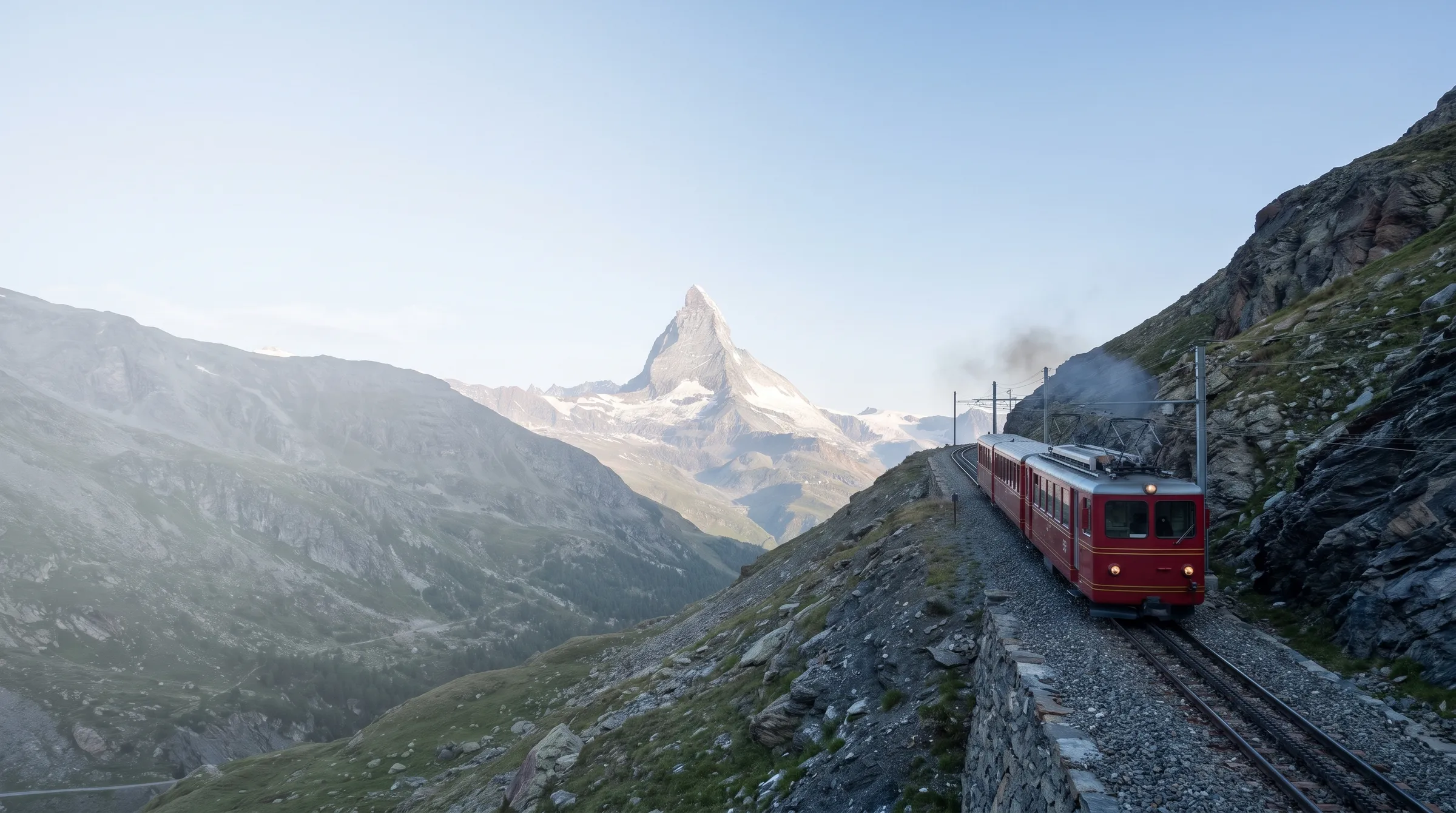 Red mountain train on a rack railway below the Matterhorn in early-morning light