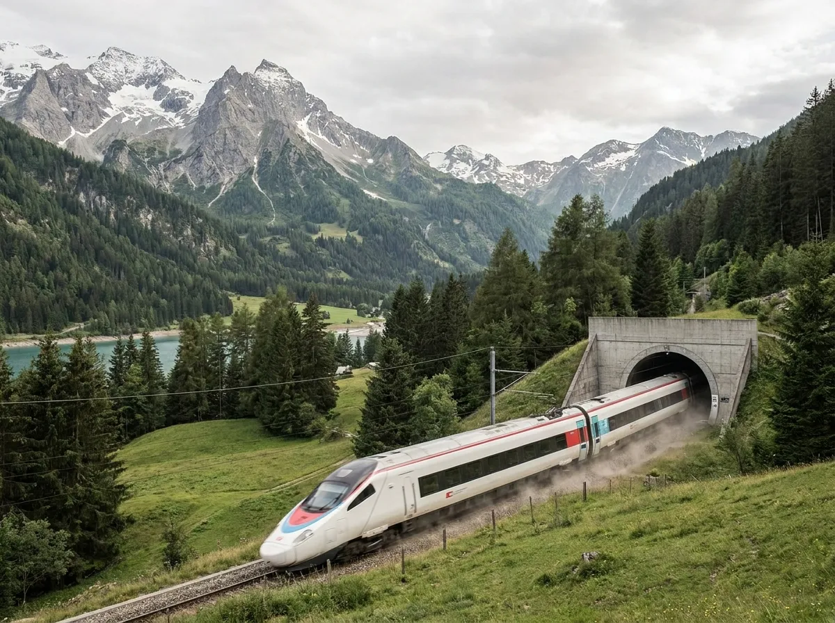White intercity train leaving a tunnel portal into a green alpine valley
