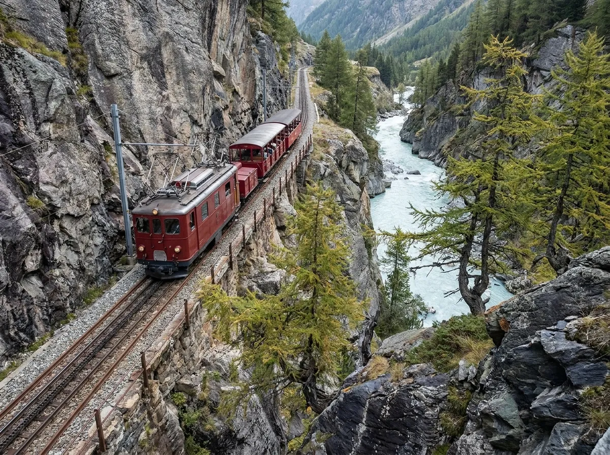 Red rack-railway train on a ledge high above the glacial river in a deep alpine gorge