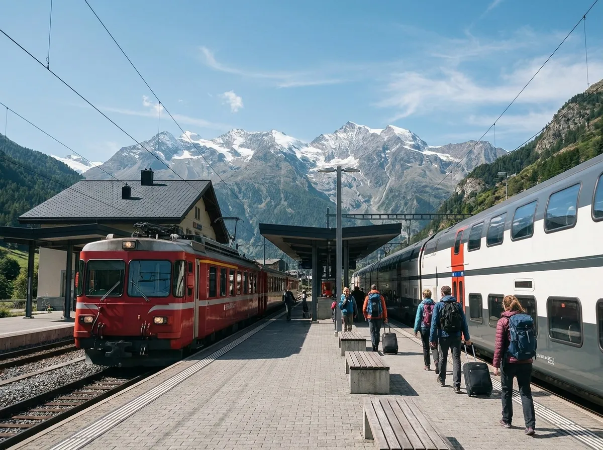 Red regional train and white double-deck intercity on neighboring platforms, with passengers changing trains