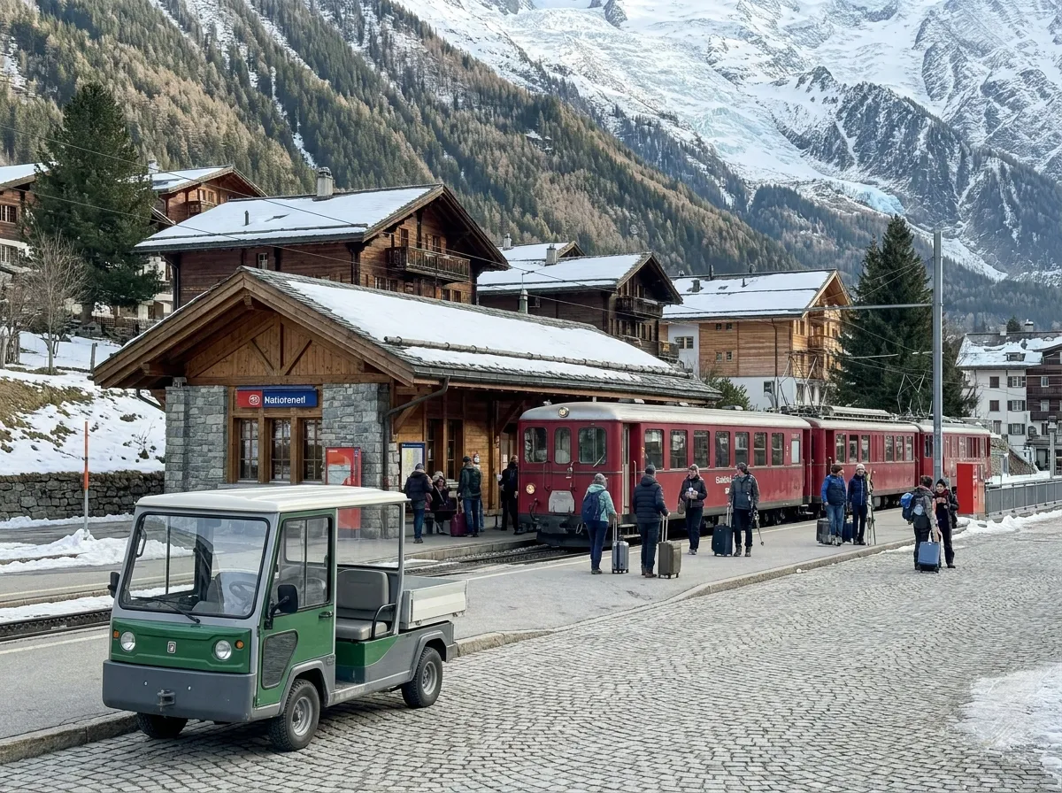Red narrow-gauge train at a snowy alpine village station, with travelers and an electric taxi in front