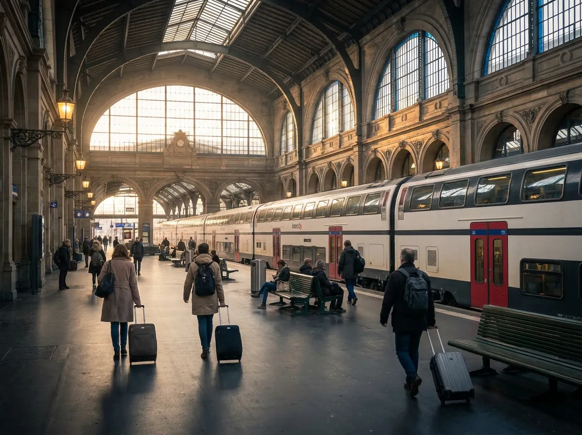 Passengers with suitcases beside a double-deck train under the arched roof of Zurich main station
